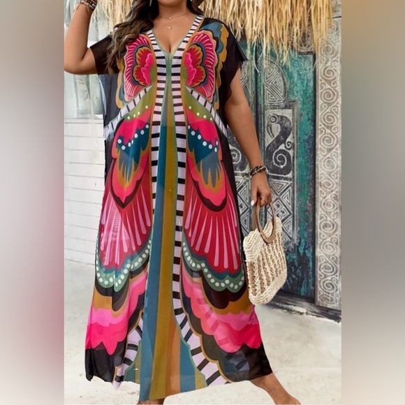 Contrast Color Butterfly Printing V-Neck Short Sleeve Long Beach Dress Bikini Cover-Up